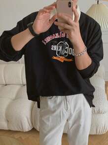 DAZY Men Contrast Collar Letter & Figure Graphic Drop Shoulder Sweatshirt - Black - View 3