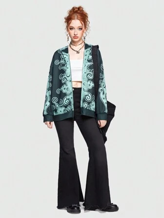 Hippie Graphic Print Zip Up Drop Shoulder Hoodie