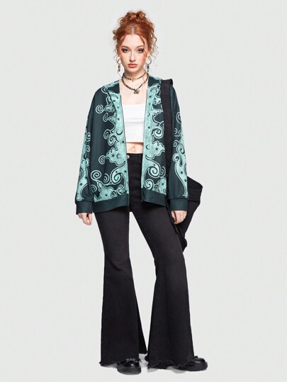 Hippie Felpa con cappuccio con stampa grafica con zip spalle cadenti