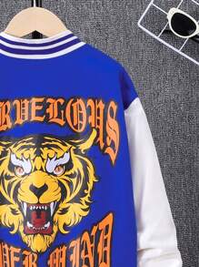 SHEIN Tween Boy Letter & Tiger Graphic Striped Trim Drop Shoulder Varsity Jacket - Blue - View 6