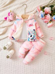 女嬰紮染卡通圖案保暖連帽夾克和褲子 - 粉色 - 查看 1