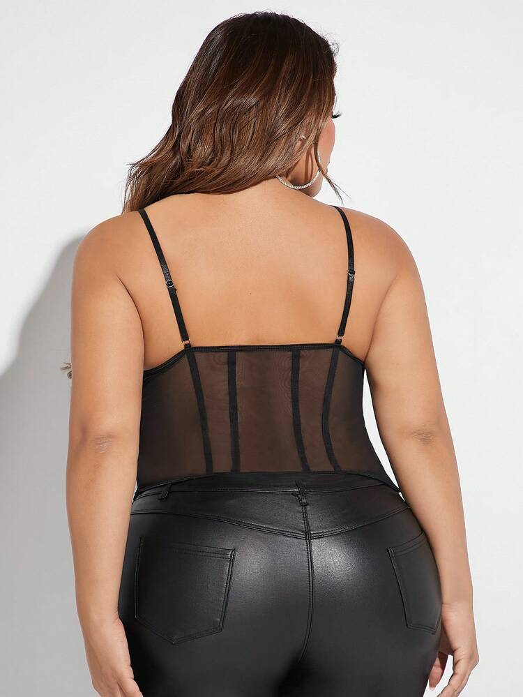 Plus Size Lace Panel Sheer Mesh Cami Top