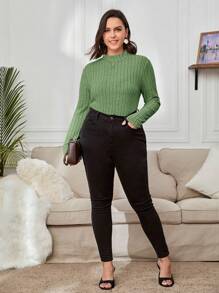 SHEIN Essnce Hơn Cổ giả Đồ đan Ribbed Áo thun - Màu xanh Ô liu - Xem 5