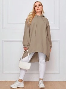 Mulvari Plus Drop Shoulder High-low Hem Drawstring Hoodie - Khaki - View 5