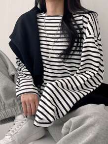 DAZY 1 件条纹落肩超大 T 恤，秋季服装，返校服装长袖女式上衣 - 白色 - 查看 1