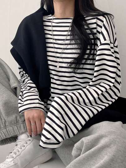 DAZY 1 件条纹落肩超大 T 恤，秋季服装，返校服装长袖女式上衣