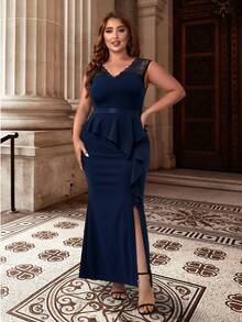 CurvySweet Trang phục phù dâu cho phụ nữ Plus Tương phản ren Dây kéo Tách cao màu trơn - Màu xanh hải quân - Xem 5