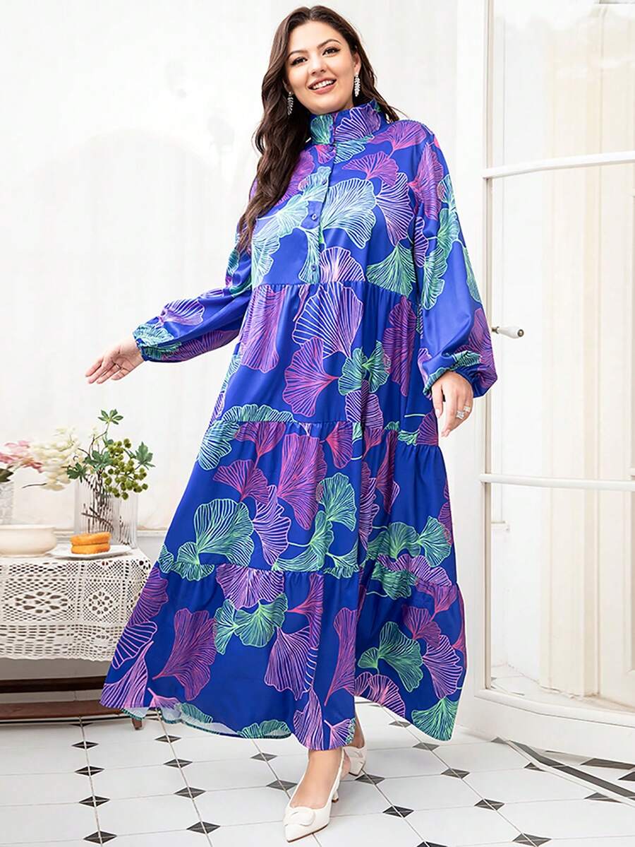 Plus Floral Print Lantern Sleeve Ruffle Hem Arabian Dress - Blue - View 1