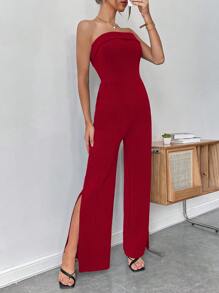 SHEIN BAE 下擺開叉抹胸連體褲 - 紅色 - 查看 3