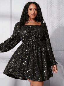SHEIN CURVE+ 大碼女士五角星印花方領燈籠袖裝飾連衣裙 - 黑色 - 查看 1