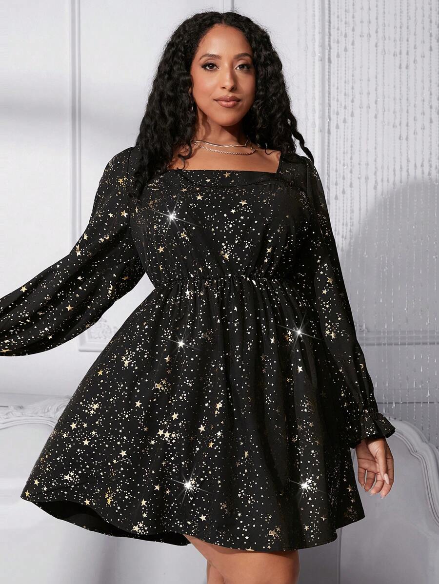 SHEIN CURVE+ 大碼女士五角星印花方領燈籠袖裝飾連衣裙 - 黑色 - 查看 1