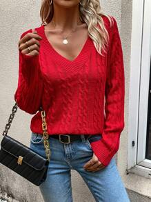 SHEIN Frenchy Jersey con abertura de manga raglán tejido de cable - Rojo - Ver 5