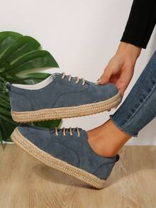 時尚女性帆布繫帶運動鞋帶黃麻纖維鞋底適用於步行,跑步和休閒穿戴 - 藏蓝色 - 查看 6