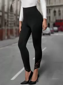 EMERY ROSE 鏤空高腰緊身打底褲 - 黑色 - 查看 1