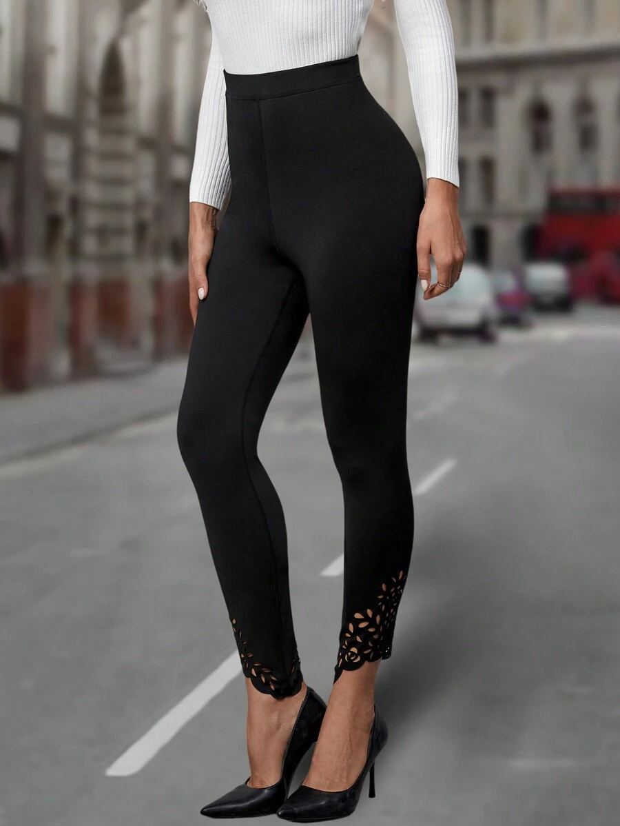 EMERY ROSE 鏤空高腰緊身打底褲 - 黑色 - 查看 1