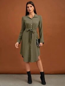 SHEIN Tall Solid Button Front Belted Shirt Dress - Army Green - View 1