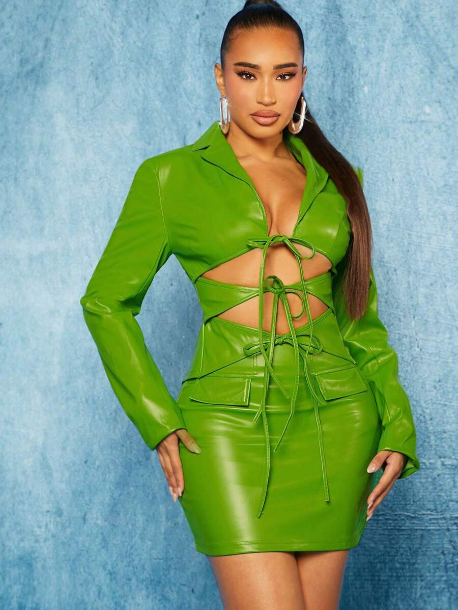 Hauture PU Leather Tie Front Top & Skirt Two Pieces Set - Green - View 1