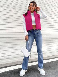 SHEIN Coolane Zip Up Sleeveless Vest Coat,Ladies Late Fall Casual Zipper Funnel Neck Regular Fit Black Plain Women Winter Coats,Winter Warmth/ Winter Fashion - Red - View 5