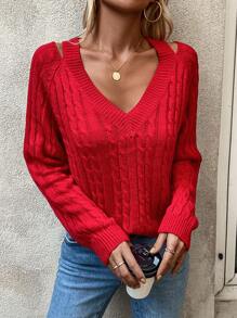 SHEIN Frenchy Jersey con abertura de manga raglán tejido de cable - Rojo - Ver 1