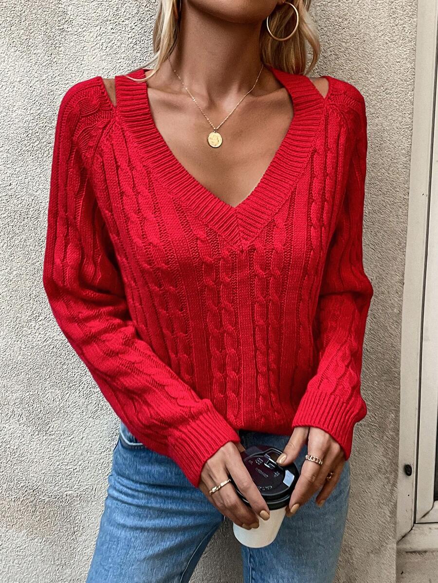 SHEIN Frenchy Jersey con abertura de manga raglán tejido de cable - Rojo - Ver 1