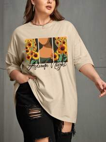 SHEIN Unity 大碼向日葵&標語圖案落肩T恤 - 卡其色 - 查看 1