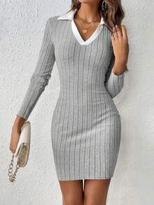 SHEIN Frenchy Viền tương phản Váy bodycon - Màu Xám nhạt - Xem 3