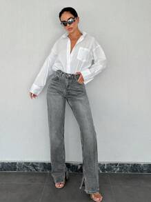 EURMUSE 100%Cotton Split Hem Straight Leg Jeans - Grey - View 5