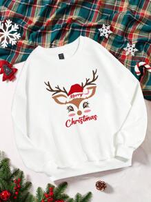 SHEIN EZwear 大碼聖誕圖案落肩袖運動衫 - 白色 - 查看 1