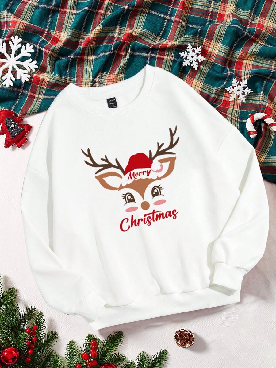 SHEIN EZwear 大碼聖誕圖案落肩袖運動衫 - 白色 - 查看 1
