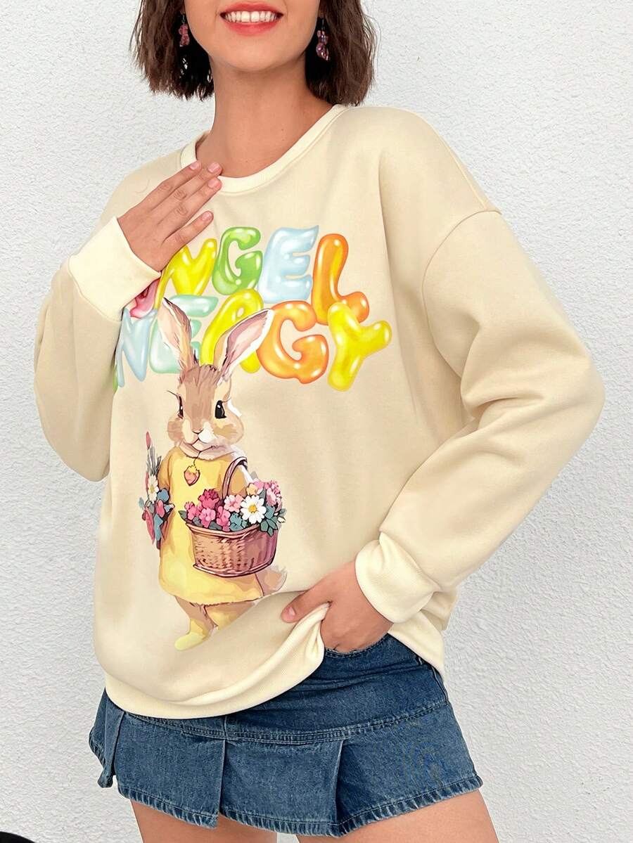 SHEIN EZwear Plus Rabbit & Slogan Graphic Drop Shoulder Sweatshirt - Apricot - View 1
