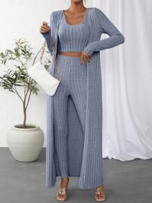 SHEIN Essnce con slogan tejido de canalé Top tank & Leggings & con parte delantera abierta Abrigo - Neblina azul - Ver 3