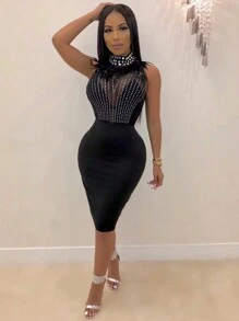 Rhinestone Detail Mock Neck Bodycon Dress - Black - View 1