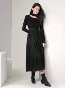 Seusyu 素色前鏤空網紗覆蓋洋裝 - 黑色 - 查看 4