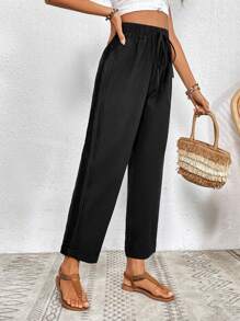 SHEIN VCAY Tie Waist Straight Leg Pants - Black - View 3