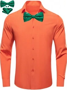 Men 1pc Bow Front Shirt & 1pc Handkerchief & 1pair Cufflinks - Orange - View 1
