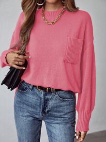 SHEIN LUNE Chất rắn Thả vai Vá Túi Áo len - Màu Hồng Tươi - Xem 4