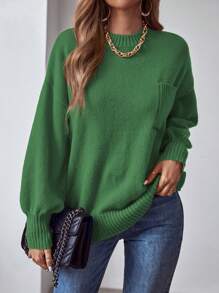 SHEIN LUNE Solid Drop Shoulder Pocket Patched Sweater - Green - View 1