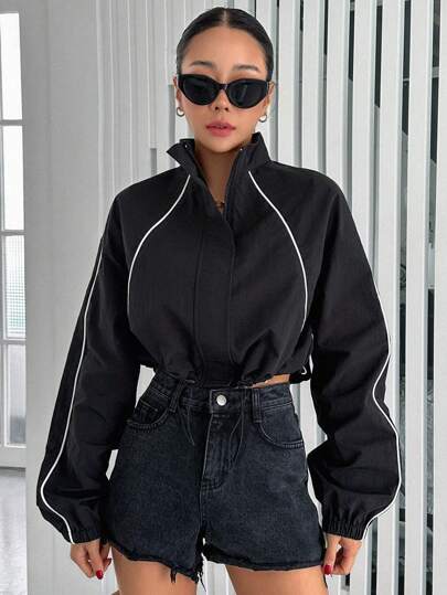 Dazy Star 拼接滾邊落肩袖拉鏈開襟夾克