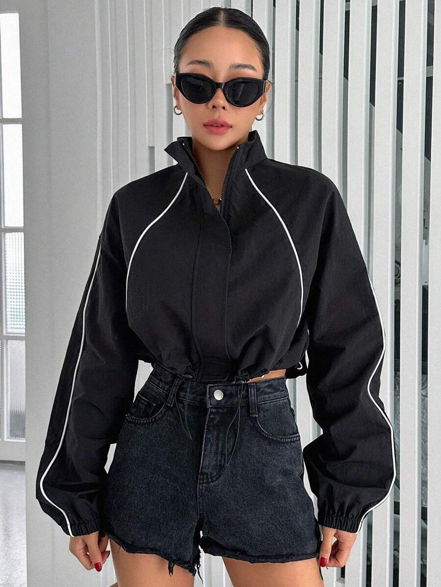 Dazy Star 拼接滾邊落肩袖拉鏈開襟夾克 - 黑色 - 查看 1