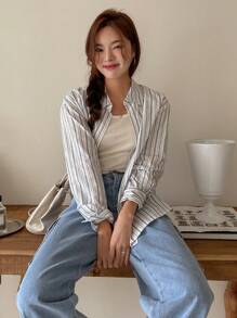 DAZY Striped Print Button Front Shirt Long Sleeve Top - Multicolor - View 2