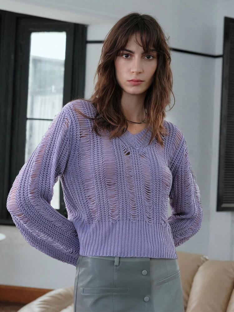 Suéter de punto corto con cuello en V sólido para otoño e invierno