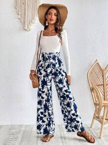 SHEIN VCAY Scoop Neck Tee & Floral Print Paperbag Waist Belted Pants - White - View 6
