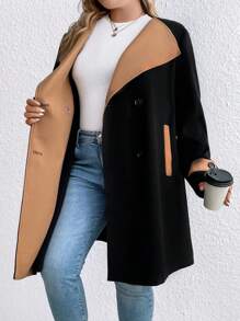 SHEIN LUNE 大碼拼接領雙排釦花呢外套 - 黑色 - 查看 4