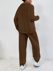 SHEIN Frenchy Chất rắn Thả vai Teddy Áo len & quần - màu nâu - Xem 2