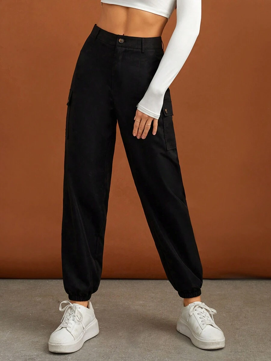 SHEIN Unity Flap Pocket Side Cargo Pants - Black - View 1