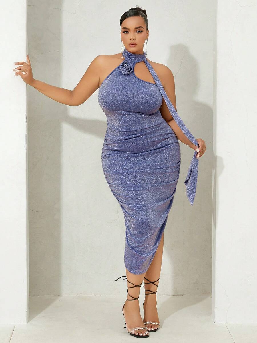 SHEIN SXY Talla grande Vestido ajustado de cuello halter fruncido brillante - Lila Púrpura - Ver 1