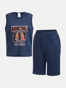 SHEIN Chico preadolescente malla transpirable de tela baloncesto con estampado Ropa de deporte Traje , adecuado para exterior deportivo , de aptitud física , aeróbicos