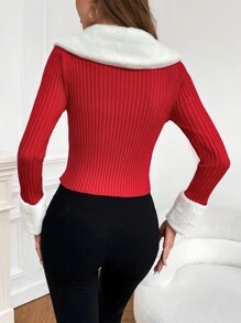 SHEIN Privé 羊絨領口條紋針織前紐扣開襟衫 - 紅白色 - 查看 2