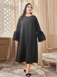 Al Najma Plus Fuzzy Cuff Trumpet Sleeve Tunic Dress - Black - View 1