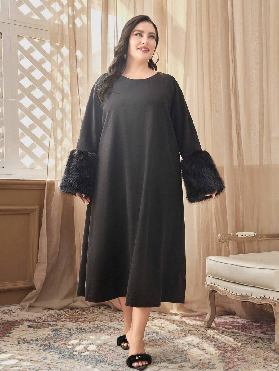Al Najma Plus Fuzzy Cuff Trumpet Sleeve Tunic Dress - Black - View 1